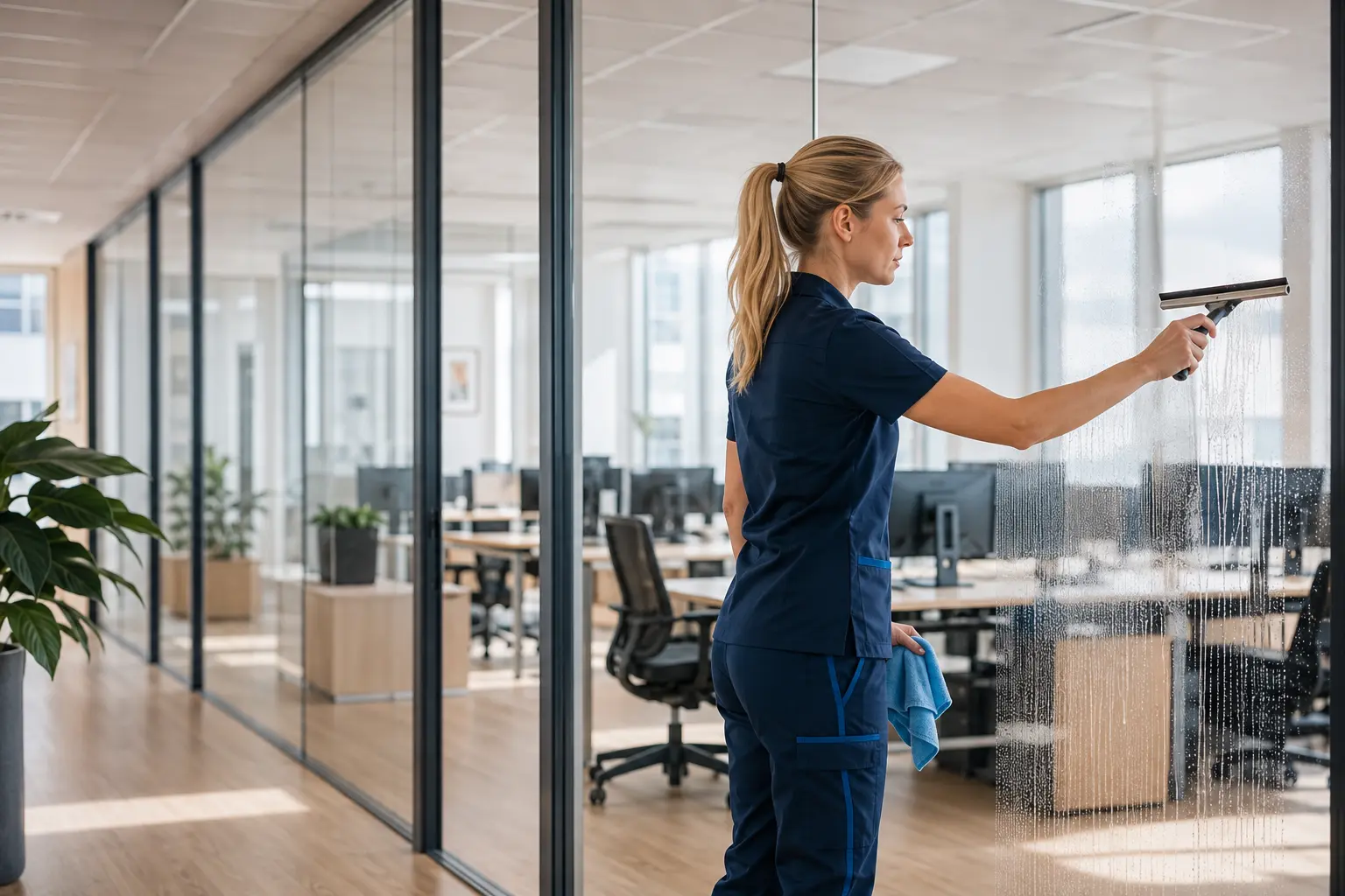 Professionell fönsterputs i en modern kontorsmiljö